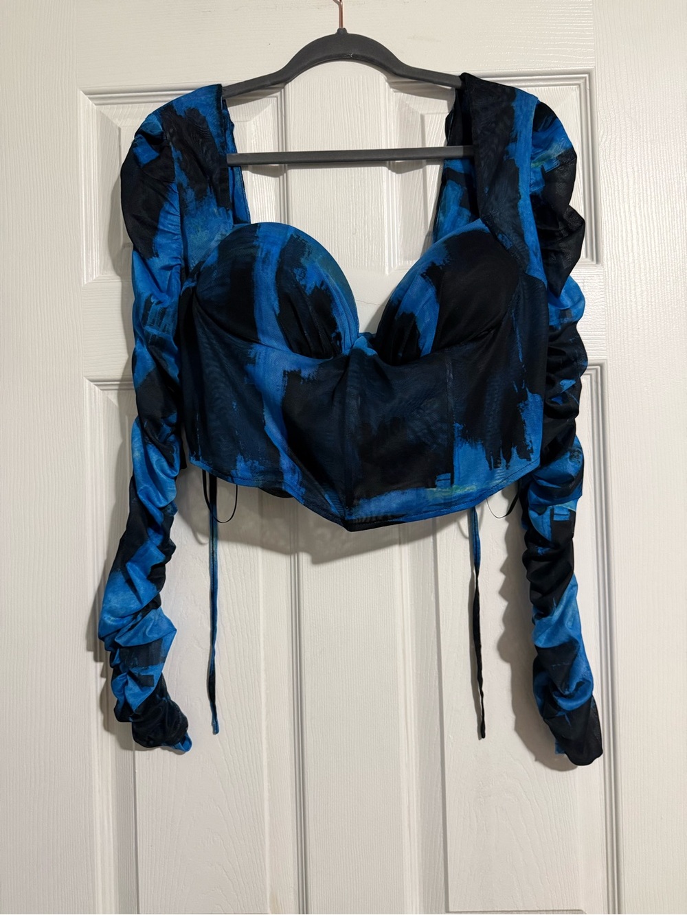 Blue & Black Ruched Long-Sleeve Bustier Top